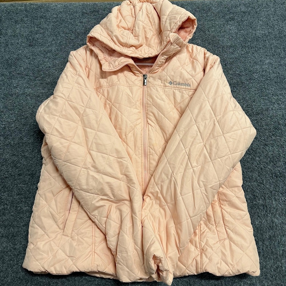 Columbia Quilted Jacket Womens Size XL Peach Pink Hooded Fleece Lined Puffer Zip